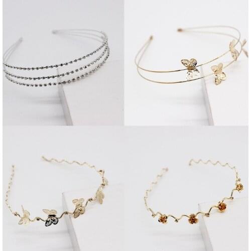 Women Double Layer Metal Headband Butterfly Floral Rhinestone Wedding Hair Hoop