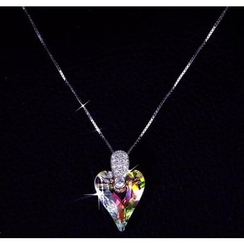 COCOM 100% 925 Sterling Silver Austrian Crystal Heart Love Pendant Necklace for Women Romantic Fine Jewelry Valentines Day Gift