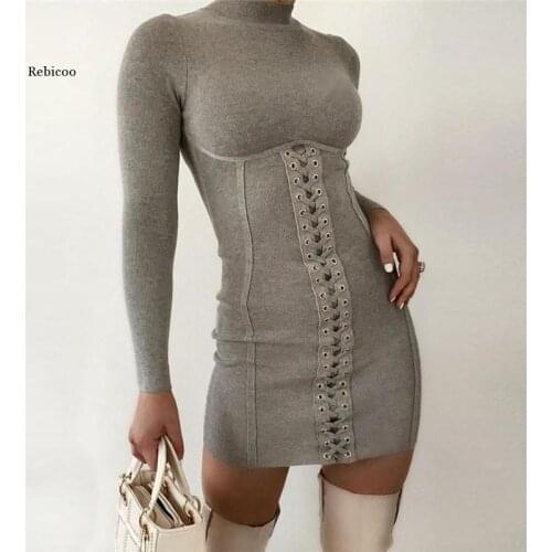 Long Sleeve Bodycon Dress Women Autumn Bustier Dress Ladies Sexy Dress Robes