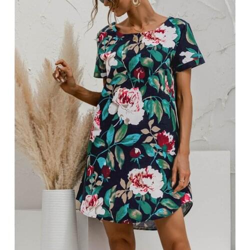 Women Cotton Linen Dress Plus Size Summer Casual O Neck Floral Flower Print 2021 New Hot Short Sleeve Elegant Dresses