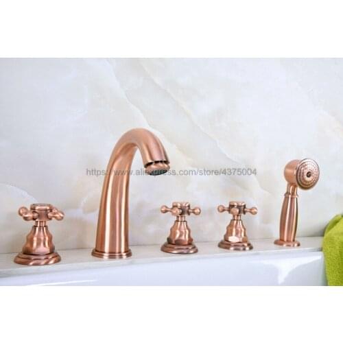 Antique Red Copper Bathroom Tub Sink Faucet with Hand Shower Deck Mounted 5 Holes Three Cross Handles Bathtub Taps Ntf239