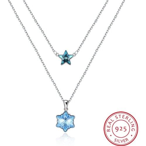 LEKANI Trendy Crystals Snowflake Star Pendants Necklaces Real S925 Silver Double Chains Collier For Women Wedding