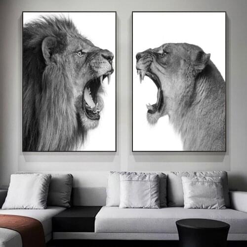 Black White African Wild Lion and Lioness Roar Family Canvas Posters and Prints Animals Paintings Wall Art Pictures Home Decor