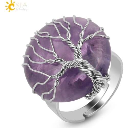 CSJA Natural Stone Round Cabochon Ring Silver Color Reiki Tree of Life Wire Wrap Finger Rings Size Adjustable for Women Men G241
