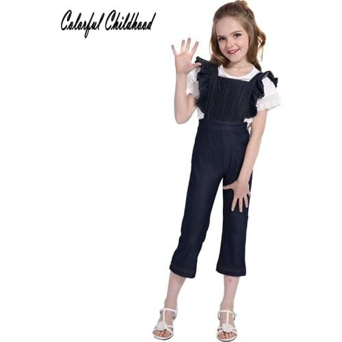 Little Girls Jumpsuits kids flare Sleeve Ruffles Jeans Suspender Trousers Toddler Girl denim Pants Childrens Clothes for Spring