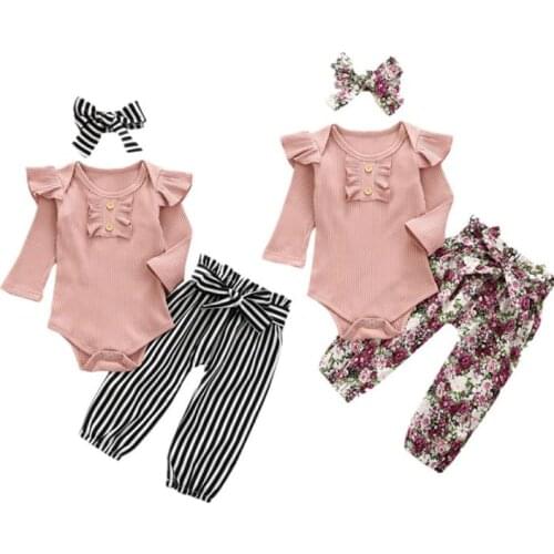 3PCS Set Baby Girl Clothes Fresh Solid Color Long Sleeve Jumpsuit Striped Floral Long Pants Headband Autumn Baby Girls Outfits