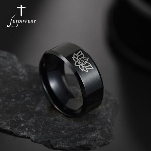 Letdiffery 8mm Black AUM OM Ring Stainless Steel Hinduism Yoga India Lotus Men Women Religious Jewelry