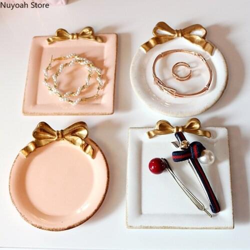 European Style Jewelry Storage Tray Ceramic Bow Storage Tray Desktop Ring Necklace Hairpin Tray Girl Tray Home Decoration