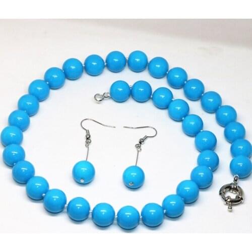 Sky blue baking paint glass round elegant 12mm beads chain necklace earrings wholesale price high grade jewelry set 18inch B2319