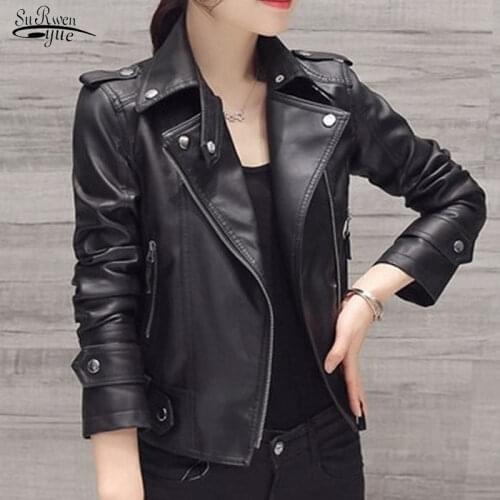 2021 Autumn New Pu Locomotive Leather Jacket Ladies Short Korean Style Slim Plus Size Short Coat Handsome Leather Jacket 15690
