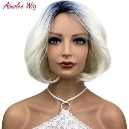 Aimolee Ombre Wig Short Bob Wigs Straight White Hair with Dark Roots Synthetic Natural Full Women Wigs 8 Inches