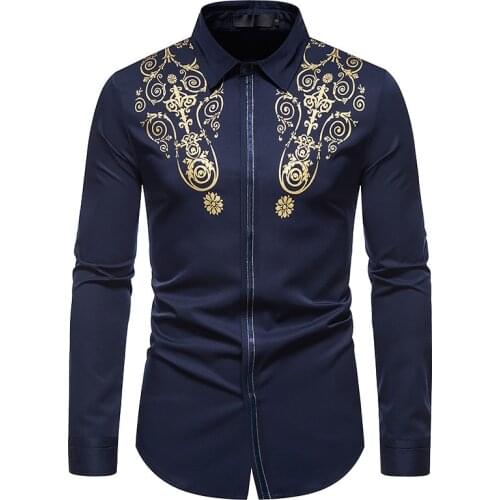 PARKLEES 2021 Print Vintage Shirt Men Slim Hidden Button Black Long Sleeve Shirt Retro Wedding Bridegroom Dress Chemise Homme