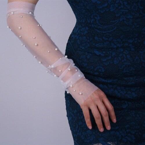 Tulle Pearl Gloves Extra Long Lace Mesh Semi Sheer Wedding Fingerless White Solid Sunscreen Vintage Mittens spara chiodi S228