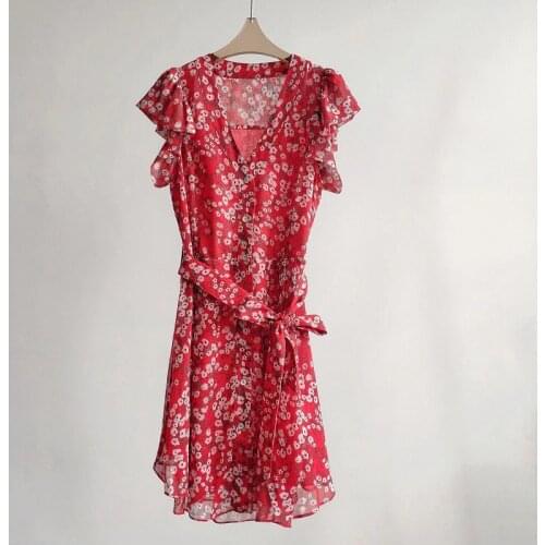 French Red Flower Small Floral Print V-neck Short-sleeved Short-sleeved Dress with Bow-knot Belt and Slimming