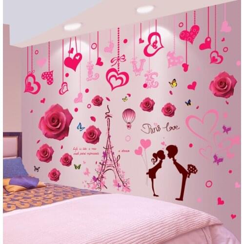 [shijuekongjian] Tower Buildings Wall Stickers DIY Cartoon Couples Red Roses Mural Decals for Living Room Wedding Decoration