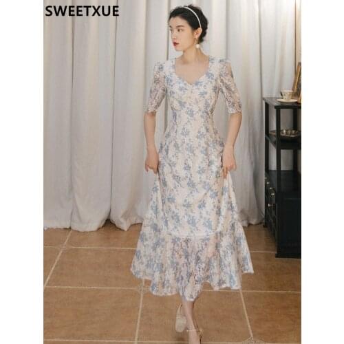 SWEETXUE French Retro Romantic Party Fairy Dress Womens 2021 Summer Floral Sweet Hollow Out Embroidery Fishtail Dress Female