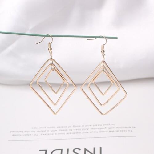 Three-layers Hollow Square Hook Earrings Gold Color Metal Dangle Earrings for Women Exaggerated Personality Drop Earrings