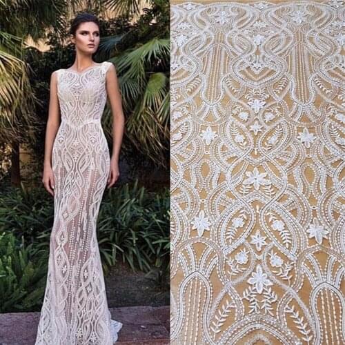 Sequin Fabric Super Luxury Ivory Alencon Alice Embroidery Tulle Lace Fabric for Nigerian African Bridal Wedding Dress
