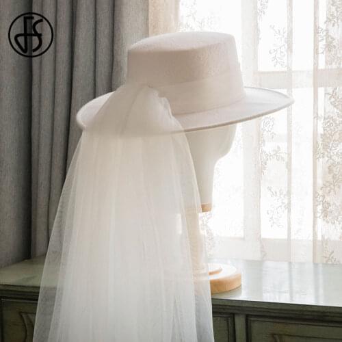 FS Flat Top White Church Hats For Women 2021 Fedora Hats Elegant Wedding Wool Felt Hat With Ribbon Wide Brim Kentucky Derby Hat