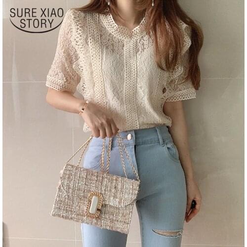 Fashion New Women Shirt Lace Blouse Summer Tops Sexy O-neck Sleeveless Lace Hollow Put Crochet Female White Blouse Shirt 14354