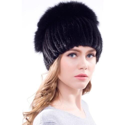 Womens winter real natural mink fur hat knitting hat personality design fashion pop cap