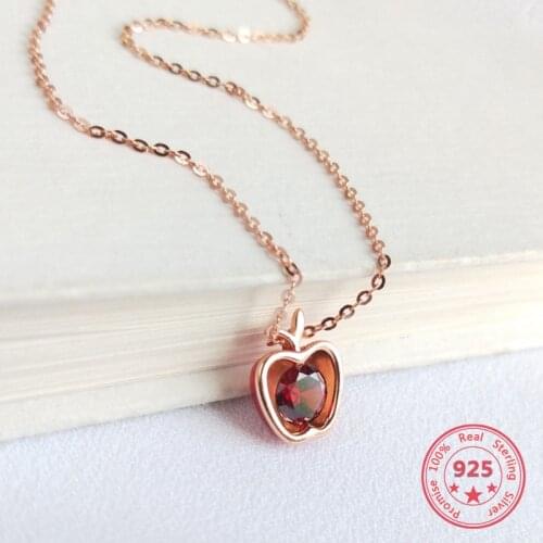 Korea New Style 925 Sterling Silver for Women Simple Fashion Chic Crystal Apple Pendant Rose Gold Necklace Jewelry