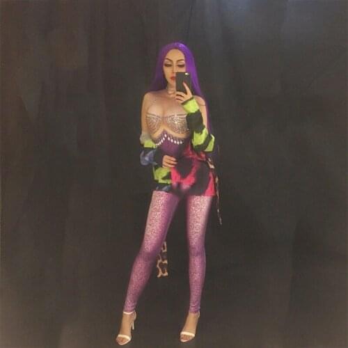 Womens New Purple Rhinestone Printed Jumpsuit Party Stage Wear Sexy Rompers Costume Performance Party Celebrate Bodysuit Outfit