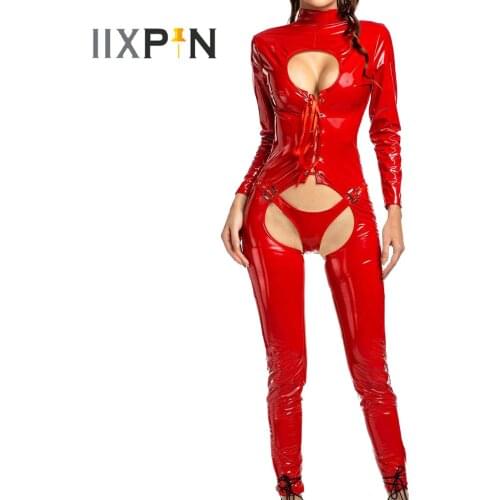 Womens Sexy Teddies Bodysuit Patent Leather Keyhole Lace-up Front Crotchless Romper High Neck Long Sleeve Open Butt Leotard