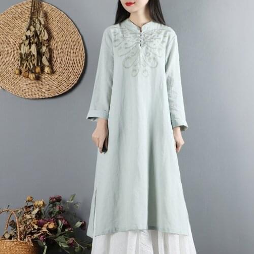 Spring 2021 New Women Chinese Style Dress Button High Quality Long Sleeve Cotton Linen Vintage Robe Solid Cheongsam Dress FF3005