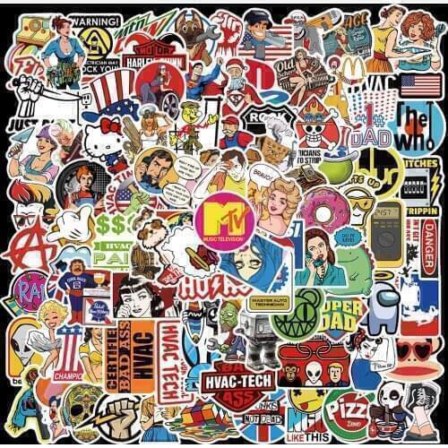 10/50/100Pcs Cool fashion Brand Logo Stickers Skateboard Luggage Cartoon Cars Guitar Aesthetic Graffiti Decals Stickers Kid Toys
