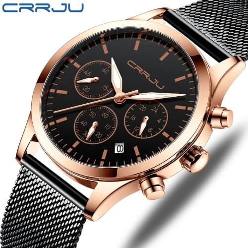 CRRJU Mens Watches with Stainless Steel Waterproof Analog Quartz Fashion Business Chronograph Black Watch for Men, Auto Date