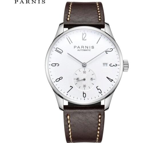 Parnis 41mm Mechanical Mens Watch Minimalist Wristwatch Male Watch Luxury Waterproof Calendar Leather Automatic Wristwatch