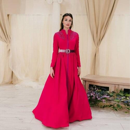 Fuchsia A-Line Moroccan Caftan Summer Dress Applique Floor Length Mermaid Dresses Plus Size Saudi Arabia Dubai Prom Gowns