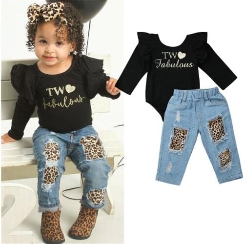 1-5Years Kids Baby Girls Clothes Set 2021 Autumn Letter Print Long Sleeve Bodysuit Tops + Leopard Ripped Denim Pants Kids Outfit