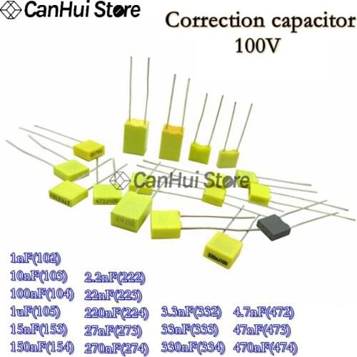 20pcs Polypropylene Safety Plastic Film 100V 1nF~470nF 1UF 100nF 150nF 220nF 270nF 330nF 2.2nF 3.3nF 4.7nF Correction capacitor