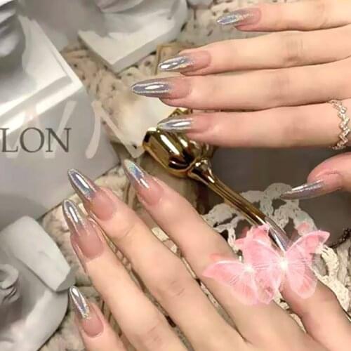 24pcs beautiful false nails Silver Gradient Wearable Finished Nail Patch Fake Nails Waterproof And Removable TN
