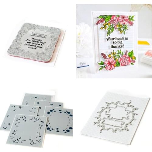 Happy Blooms Frame Metal Cutting Dies and Silicone Stamps Stencil for Scrapbooking Album Decoration Craft for DIY Greeting Card