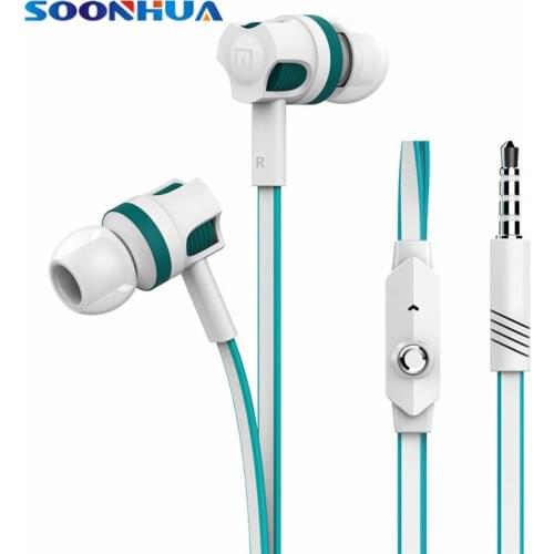 SOONHUA Fashionable 3.5mm Ergonomic In Ear Earphones Flat Cable Wired Earpieces Stereo Super Bass With HD Mic For iPhone Samsung