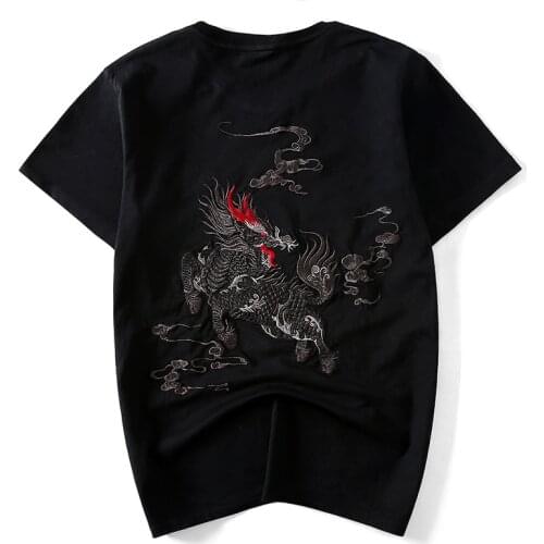 2020 New Arrival Chinese Half Embroidered Loose Fat Cotton Short Sleeve Male Knitted O-neck Animal Brand Clothing T Shirt Men