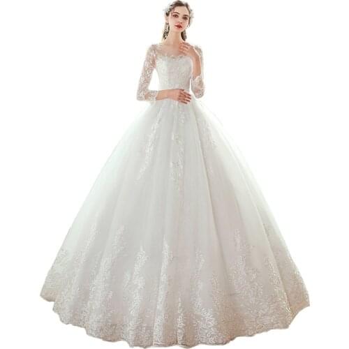 Vestido De Noiva 2020 New Elegant O-neck Wedding Dress Lace Embroidery Long Sleeve Wedding Gowns Floor-length Bridal Dress