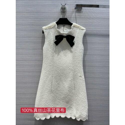 Mini Luxury Brand Bow Dress 2021 Spring Elegant Handmade Beaded Retro Floral Wave Edge 100% Silk Lining Sleeveless Short Dresses