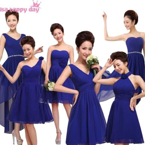 Royal blue lace up short length chiffon bridesmaid dresses brides maid dress for girls 2020 wedding guest different styles