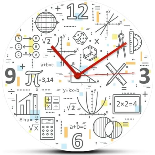 Modern Thin Line Mathematical Formula Studying Education Colorful Wall Watch Concept of Mathematics Printed Acrylic Wall Clock