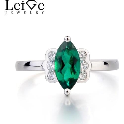 Leige Jewelry Anniversary Ring Emerald Ring Marquise Cut Green Gemstone Solid 925 Sterling Silver May Birthstone Ring for Women