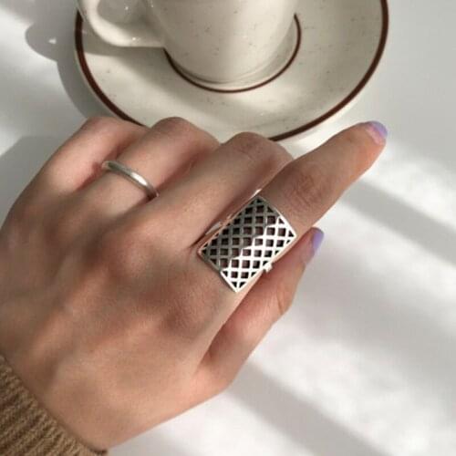 GSOLD Vintage Distressed Silver Color Square Hollow Out Grid Shield Ring Simple Opening Adjustable Copper Ring Unisex Jewelry