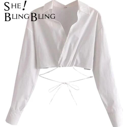 SheBlingBling 2021 Blouse Women surplice cropped shirt with ties Woman crossover v neck Long Sleeve top Female Shirts Chic Tops