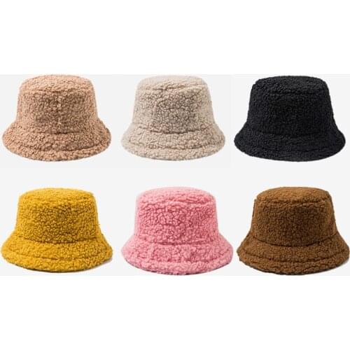 Women Hat Solid Artificial Fur Warm Female Cap Faux Fur Winter Bucket Hat for Women Outdoor Sunscreen Sun Hat Panama Lady Cap