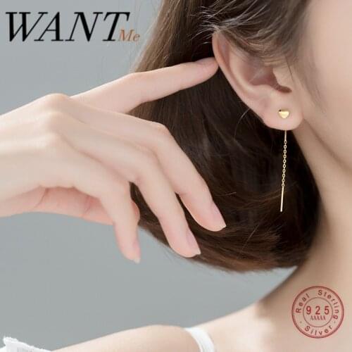 WANTME Fashion New Genuine 925 Sterling Silver Golden Love Heart Long Chain Drop Earrings for Women Korean Ear Line Jewelry 2020