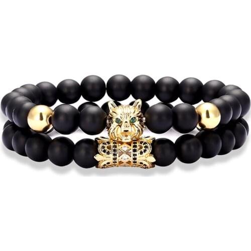 2 pieces / set Luxury high quality wolf head charm natural stone matte lava rock mens bracelet mens and womens friendship