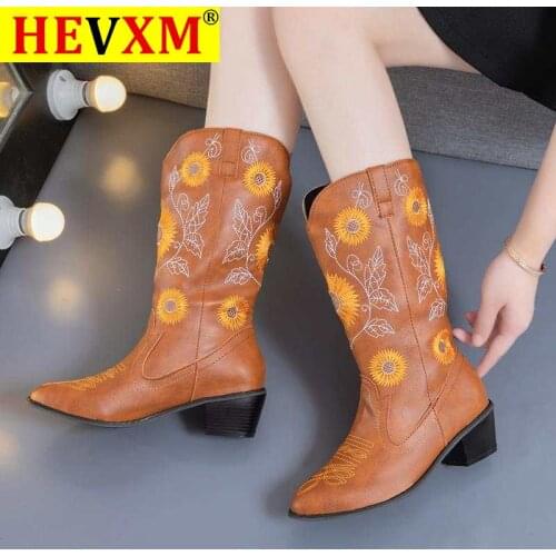 2020 Classic Embroidered Western Pu Leather Boots for Women Leather Cowgirl Boots Low Heels Shoes Knee High Woman Boots